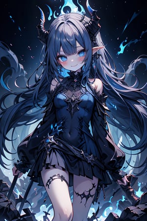 blue hair, deep blue eyes, aura of dark power, the primordial of the underworld, goddess of flames, sadistic, pointed ears, blue dress with white edges, right hand of lucifer, primordial goddess, masterpiece, very good quality, excellent quality , perfect face, small breasts, evil smile, egocentric, eyes with blue flames, horns, long sleeve, miniskirt, gothic, very long hair, emanates the power of destruction, adult, clothes burning with blue fire

