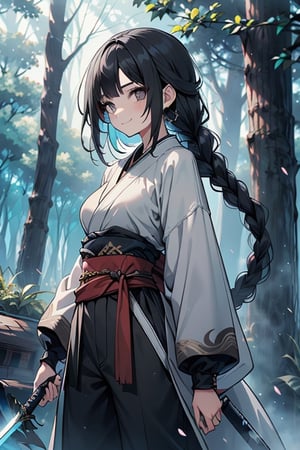 kind woman, black hair, medium hair, hair in braid down to her back, a single braid, dirty clothes, warrior, beast tamer, the killer of gods, black eyes, old clothes, alone, forest, kind smile, innocent, breasts small, tall woman, amazon, samurai, gray kimono jacket ideal for combat, wide pants, happy, friendly, good person, katanas sheathed at her waist, masterpiece, good quality, swords well positioned at her waist, good hands, aquamarine belt.


