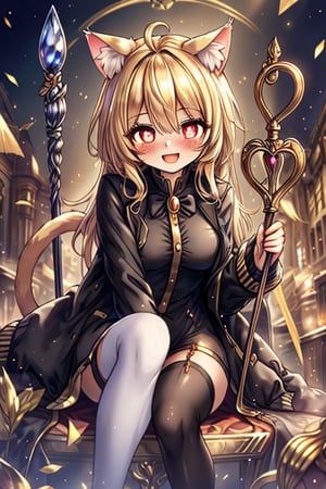 blonde, golden eyes, scholar, black jacket, elegant white, long golden stockings, confident smile, cat ears, 1 cat tail, nekomata, arrogant, narcissite, the most intelligent woman in the world, bearer of the eyes of knowledge, the combat genius, laughter, masterpiece, good quality, excellent quality, AIR_BETWEEN_EYES, STAFF, golden eyes, the pride fairy, long hair, perfect face, bright pupils (finely detailed). beautiful eyes,
