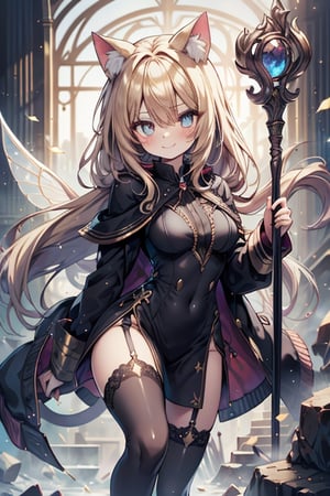 blonde, golden eyes, scholar, black jacket, elegant white, long golden stockings, confident smile, cat ears, 1 cat tail, nekomata, arrogant, narcissite, the most intelligent woman in the world, bearer of the eyes of knowledge, the combat genius, laughter, masterpiece, good quality, excellent quality, AIR_BETWEEN_EYES, STAFF, golden eyes, the pride fairy, long hair, perfect face, bright pupils (finely detailed). beautiful eyes,
