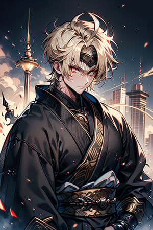 Blonde, short hair, golden eyes, asshole, male, strong, friendly, antisocial, long black kimono, goofy, warrior, perfect face, good quality, excellent quality, masterpiece, burly.
