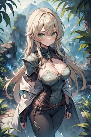 Woman with light blonde hair, big, tall, the strongest warrior in the world, plate armor, cold jacket, pantyhouse, bracers, chest, green eyes, friendly, free spirit, religious, valley of plants, no bangs, long hair , charming smile, a wonderful person, medium breasts, long stockings, long pants, long robe
