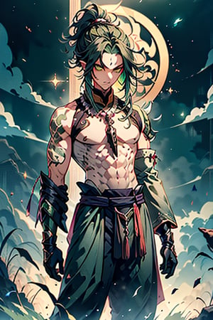 dark green hair, green eyes, hair in ponytail, Buddhist, man, green robe, wide priest's pants, the strongest creature of all, the one sent by God, the shapeshifter, long ears, defined abdomen, masterpiece, face perfect, very good quality, excellent quality, the warrior of the true gods, serious.
