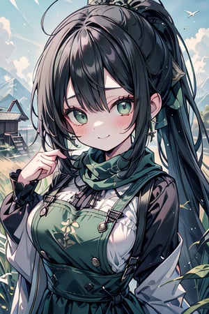 She is a woman of immeasurable beauty, black hair, green scarf, teenager, green eyes, gesticulated look, happy, egocentric, beautiful clothes, a masterpiece, detailed, high quality, very high resolution, peasant clothes , perfect face, poor, overalls, masterpiece, good quality, excellent quality, hair in a Two ponytail, headscarflittle girl, loli, young girl, narcissistic, contemptuous smile, egocentric, busty loli, big breasts
loli, little girl, young girl, field.

