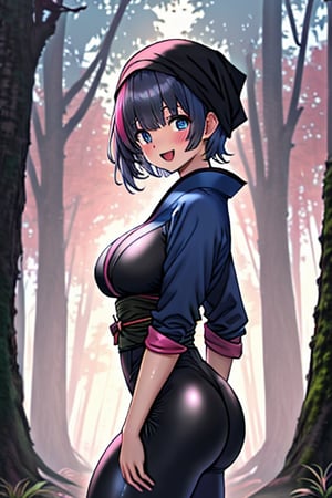 dark blue hair, blue eyes, pink kimono outfit with black edges, friendly face, a black spandex that covers his entire body, headscarf, killer, happy smile, bangs, in the forest at night, masterpiece, detailed, high quality, absurd, the strongest human of all, bringer of the world's hope, short hair, black lycra, masterpiece, excellent quality, excellent quality, perfect face, medium breasts,big ass,

