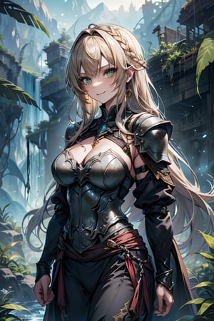 Woman with light blonde hair, big, tall, the strongest warrior in the world, plate armor, cold jacket, pantyhouse, bracers, chest, green eyes, friendly, free spirit, religious, valley of plants, no bangs, long hair , charming smile, a wonderful person, medium breasts, long stockings, long pants, long robe,golden armor, black clothes, groomed hair
