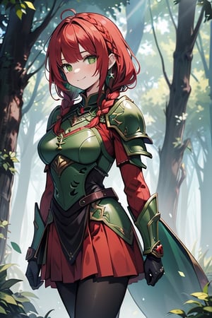 noble woman, princess, red hair, long braid, green armor covering her body, forest, medium chest, warrior, druid, green eyes, red dress, medium combat skirt, good quality, masterpiece, hight,black pantyhose,loved by nature, kind face, noble smile, leader.