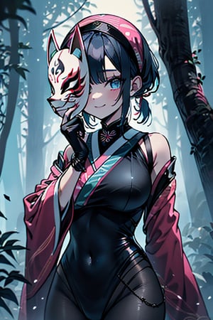 dark blue hair, blue eyes, pink kimono outfit with black edges, friendly face, a black spandex that covers his entire body, headscarf, killer, happy smile, bangs, in the forest at night, masterpiece, detailed, high quality, absurd, the strongest human of all, bringer of the world's hope, short hair, black lycra, black pantyhouse, masterpiece, excellent quality, excellent quality, perfect face, medium breasts,mask on hand, (fox mask, mask on the hand, put on mask)
