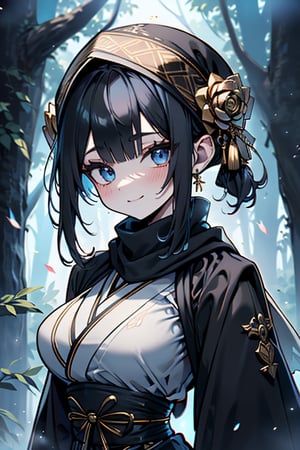 dark blue hair, blue eyes, gold kimono suit with black edges, friendly face, a black spandex that covers his entire body, headscarf, killer, happy smile, bangs, in the forest at night, masterpiece, detailed, high quality, absurd, the strongest human of all, bringer of the world's hope, short hair, black lycra, masterpiece, excellent quality, excellent quality, perfect face, medium breasts, black scarf, judge, lawyer, judge's robe , toga

