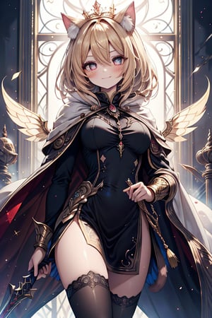 blonde, golden eyes, scholar, golden sorceress robe, queen's crown, long black stockings, smile, cat ears, 1 cat tail, nekomata, arrogant, narcissite, the most intelligent woman in the world, bearer of the eyes of knowledge , the genius of combat, laughter, masterpiece, good quality, excellent quality, AIR_BETWEEN_EYES, golden eyes, the fairy of pride, long hair, perfect face, bright pupils, (beautiful finely detailed eyes), metal dress, indomitable warrior, king's white cape, infinite swords.
