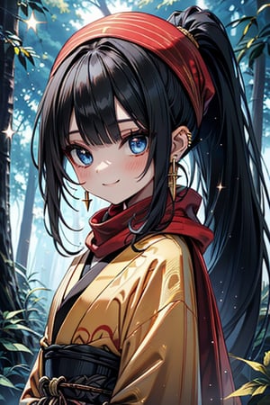 black hair, blue eyes, yellow Kimono
 outfit with black edges, a red scarf with gold stripes, the edges have small golden touches, friendly face, a black spandex that covers her entire body, headscarf, killer, happy smile , bangs, in the forest at night, masterpiece, star earrings, detailed, high quality, absurd, the strongest human of all, bringer of the world's hope, hair in ponytail,black lycra, masterpiece, excellent quality, excellent quality, perfect face.

