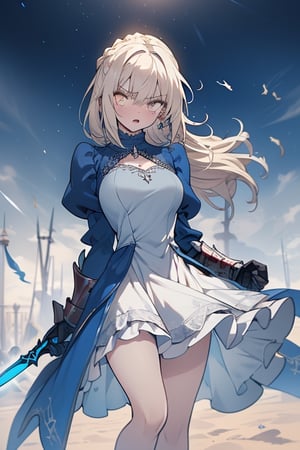 blonde, golden eyes, angry look, long hair, desert knight, hates magic, silver sword that reflects a blue color that traps magic, genius, white dress that reaches to her thighs, armor on her hands, legs and arms,gray and white dress