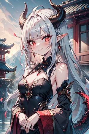 light red eyes, pointed horns, small breasts, beautiful, the woman who reflects the sun, the emperor's right hand, tail close to the body, the master of manipulation, Chinese temple, pointed ears, serious face, calm smile, red tail with light blue parts, dragon horns, gold jewelry, silver ring, diamond chain, white locks, white bangs, red hair and white locks, two-color hair, black qipa with gold trim, elegant.

