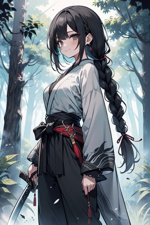 kind woman, black hair, medium hair, hair in braid down to her back, a single braid, dirty clothes, warrior, beast tamer, the killer of gods, black eyes, old clothes, alone, forest, kind smile, innocent, breasts small, tall woman, amazon, samurai, gray kimono jacket ideal for combat, wide pants, happy, friendly, good person, katanas sheathed at her waist, masterpiece, good quality, swords well positioned at her waist, good hands, aquamarine belt.



