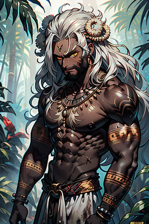 giant, muscular, ugly face, curly hair, black skin, Latin American, tribal clothing, mayan clothing, bone necklace, dark skin, tan, man, male, thick, golden eyes, yellow eyes, homeless, unfortunate, long dirty beard , skinny, malnourished, haggard face, crazy, silver hair, curly hair, jungle, tribal



