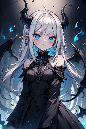 white hair, deep blue eyes, aura of dark power, the most powerful being in the world, queen of darkness, lost look, pointed ears, black dress with blue edges, killer of gods, the one who killed Lucifer, incarnation of the gods dragons, masterpiece, very good quality, excellent quality, perfect face, small breasts, serious face, dazed, calm, kuudere, eyes with blue flames, looking down, as if on top of the world, horns, vampire fangs, Fake Goddess, Off Shoulder, Long Skirt, Gothic, Mullet Bangs, Stare.

