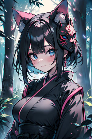 dark blue hair, blue eyes, pink kimono with black edges, friendly face, a black spandex that covers his entire body, killer, happy smile, bangs, in the forest at night, masterpiece, detailed, high quality, absurd, the human strongest of all, bearer of the hope of the world, short hair, black lycra, masterpiece, excellent quality, excellent quality, perfect face, medium breasts, kitsune mask, face completely covered, her face cannot be seen.

