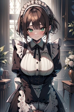 adult woman, big breasts, maid outfit, rich person outfit, friendly look, green eyes, brown hair, tall, mature,More Detail,Masterpiece, detailed, high quality, absurdres, short-hair, happy_face.