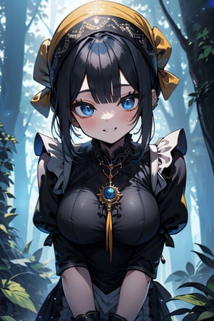 dark blue hair, blue eyes, yellow maid outfit, friendly face, a black spandex that covers her entire body, headscarf, killer, happy smile, bangs, in the forest at night, masterpiece, detailed, high quality, absurd, the strongest human of all, bearer of the world's hope, short hair, black lycra, black pantyhouse, masterpiece, excellent quality, excellent quality, perfect face, medium breasts

