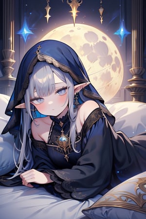 gray hair with blue tones, black witch clothes, moon earrings, gray eyes, dark circles, sleepy, dream witch, pointy ears, elf,  medium hair., veil, lying in bed,sleeping.