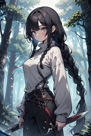 kind woman, black hair, long, hair in a long braid down to the back, dirty clothes, warrior, dual sword wielder, beast tamer, god slayer, gray eyes, old clothes, sweatshirt, alone, forest, kind, innocent smile, small breasts, tall woman, Amazon.

