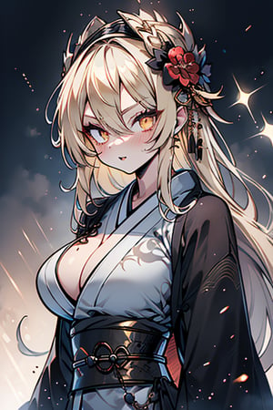 Blonde, long hair, golden eyes, asshole, man, strong, friendly, antisocial, long black kimono, silly, warrior, perfect face, good quality, excellent quality, masterpiece, trap, big breasts

