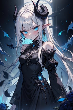 white hair, deep blue eyes, aura of dark power, the most powerful being in the world, queen of darkness, lost look, pointed ears, black dress with blue edges, killer of gods, the one who killed Lucifer, incarnation of the gods dragons, masterpiece, very good quality, excellent quality, perfect face, small breasts, serious face, dazed, calm, kuudere, eyes with blue flames, looking down, as if on top of the world, horns, vampire fangs . , fake goddess, bare shoulders, long skirt, gothic, Mullet Bangs, staring, sad expression, blue roses in her hair and her dress.

