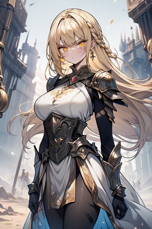 blonde, golden eyes, angry look, long hair, desert knight, hates magic, candys a long elegant white tunic, armor on her hands, legs and arms, gray and white dress, appearance of a warrior, strong woman, scars all over the body, golden eyes, perfect face, very good quality, masterpiece, excellent quality,yellow eyes,blonde hair, black pantyhose
