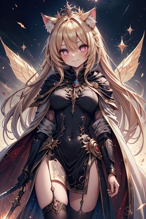 blonde, golden eyes, scholar, golden sorceress robe, queen's crown, long black stockings, smile, cat ears, 1 cat tail, nekomata, arrogant, narcissite, the most intelligent woman in the world, bearer of the eyes of knowledge , the genius of combat, laughter, masterpiece, good quality, excellent quality, AIR_BETWEEN_EYES, golden eyes, the fairy of pride, long hair, perfect face, bright pupils, (beautiful finely detailed eyes), metal dress, indomitable warrior, king's white cape, infinite swords.
