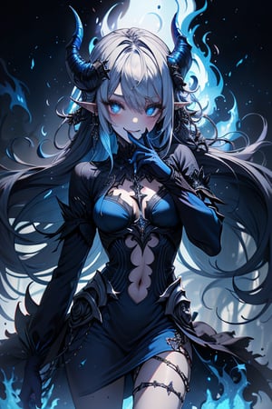 dark blue hair, deep blue eyes, aura of dark power, the primordial of the underworld, goddess of flames, sadistic, pointed ears, blue dress with white edges, right hand of lucifer, primordial goddess, masterpiece, very good quality, excellent quality , perfect face, small breasts, evil smile, egocentric, eyes with blue flames, horns, long sleeve, miniskirt, gothic, very long hair, emanates the power of destruction, adult, clothes burning with blue fire

