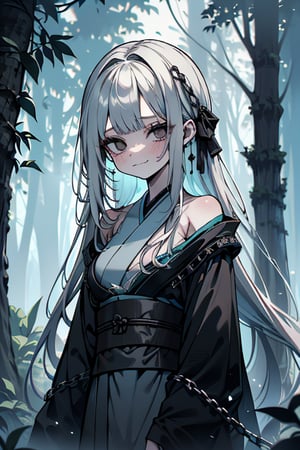 white hair, black eyes, dirty and poor black kimono, sad face, lost, sad smile, slave, chains, bangs, in the forest at night, high quality, absurd, the human who longed for freedom, long hair, masterpiece, excellent quality, excellent quality, perfect face,teenager, small breasts, 16 year old appearance.

