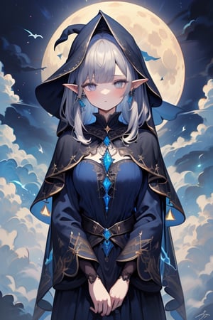 gray hair with blue tones, black witch clothes, moon earrings, gray eyes, dark circles, sleepy, dream witch, pointy ears, elf,  medium hair., veil,masterpiece, detailed, high quality, absurdres.