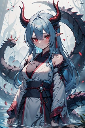 dragon woman, wingless, medium hair, shy face, blue kimono, blue hair, dragon horns, dragon tail, red eyes, dragon horns, medium breasts, beautiful, the sword maiden, tail attached to the body, her power comes from of primordial water, masterpiece, very good quality, excellent quality, perfect face, samurai, mother of the family, master of combat, wise, bangs that cover her eyes.
