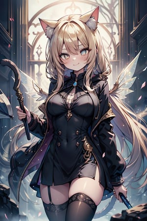 blonde, golden eyes, scholar, black jacket, elegant white, long golden stockings, confident smile, cat ears, 1 cat tail, nekomata, arrogant, narcissite, the most intelligent woman in the world, bearer of the eyes of knowledge, the combat genius, laughter, masterpiece, good quality, excellent quality, AIR_BETWEEN_EYES, STAFF, golden eyes, the pride fairy, long hair, perfect face, bright pupils (finely detailed). beautiful eyes,
