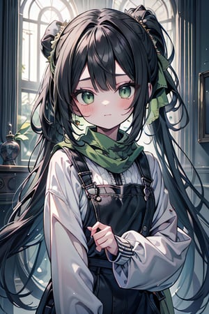 She is a woman of immeasurable beauty, black hair, long hair, green scarf, teenager, green eyes, gesticulated look, happy, egocentric, beautiful clothes, a masterpiece, detailed, high quality, very high resolution, peasant clothes , perfect face, poor, overalls, masterpiece, good quality, excellent quality, hair in a ponytail, headscarflittle girl, loli, young girl

