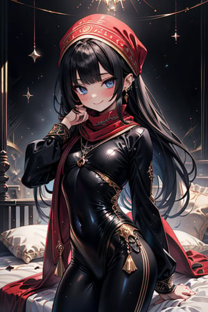 black hair, blue eyes, red scarf with gold stripes, the edges have small touches of gold, friendly face, a black spandex that covers his entire body, headscarf, killer, happy smile, bangs, masterpiece, star earrings, detailed , high quality, absurd, the strongest human of all, bearer of the world's hope, black lycra, masterpiece, excellent quality, perfect face, long hair, sexy pose, bed
