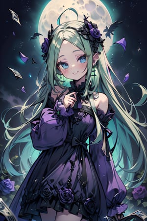 light green hair, blue eyes, long tunic with gothic skirt, black tiana, friendly face, egocentric, food lover, money lover, magic style long sleeved dress, happy smile, masterpiece, moon earrings, detailed, tall quality, absurd, the teleportation magician, long hair with roses, masterpiece, excellent quality, excellent quality, perfect face, Green hair, loli, small breasts, small height, purple clothes



