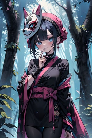 dark blue hair, blue eyes, pink kimono outfit with black edges, friendly face, a black spandex that covers his entire body, headscarf, killer, happy smile, bangs, in the forest at night, masterpiece, detailed, high quality, absurd, the strongest human of all, bringer of the world's hope, short hair, black lycra, black pantyhouse, masterpiece, excellent quality, excellent quality, perfect face, medium breasts,mask on hand, (black fox mask, mask on the hand, put on mask)
