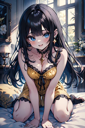 black hair, blue eyes, yellow babydoll, friendly face, killer, happy smile, bangs, masterpiece, star earrings, detailed, high quality, absurd, the strongest human of all, bearer of the world's hope masterpiece, excellent quality , excellent quality, perfect face, long hair, sexy pose, bed
