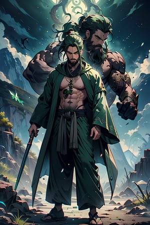 dark green hair, green eyes, hair in a ponytail, Buddhist, man, green robe, wide priest's pants, the strongest creature of all, the one sent by God, the shapeshifter, defined abdomen, masterpiece, perfect face, very good Quality, excellent quality, the warrior of the true gods, serious, monk,1boy, beard
