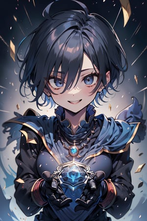 Man, dark blue hair, blue magician tunica, wide pants, friendly face, comedian, black gloves, happy smile, masterpiece, detailed, high quality, absurd, killer, prediction magician, very short hair, masterpiece, excellent quality , excellent quality, perfect face.



