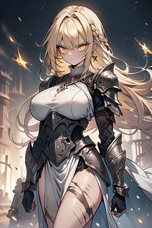 blonde, golden eyes, angry look, long hair, desert knight, hates magic, candys a long elegant white tunic, armor on her hands, legs and arms, gray and white dress, appearance of a warrior, strong woman, scars all over the body, golden eyes, perfect face, very good quality, masterpiece, excellent quality.,yellow eyes,blonde hair