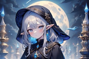 gray hair with blue tones, black witch clothes, moon earrings, gray eyes, dark circles, sleepy, dream witch, pointy ears, elf,  medium hair., veil,masterpiece, detailed, high quality, absurdres.