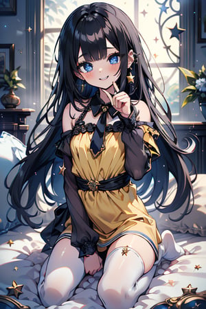 black hair, blue eyes, yellow babydoll, friendly face, killer, happy smile, bangs, masterpiece, star earrings, detailed, high quality, absurd, the strongest human of all, bearer of the world's hope masterpiece, excellent quality , excellent quality, perfect face, long hair, sexy pose, bed, small breasts

