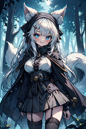 white blue hair, blue eyes, vintage style cape coat, friendly face, skirt, headscarf, killer, happy smile, bangs, in the forest at night, masterpiece, detailed, high quality, absurd, the most human strong of all, bearer of the hope of the world, long hair, black stockings, masterpiece, excellent quality, excellent quality, perfect face, medium breasts, kitsune ears, kitsune tail.

