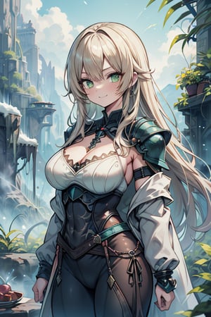 Woman with light blonde hair, big, tall, the strongest warrior in the world, plate armor, cold jacket, pantyhouse, bracers, chest, green eyes, friendly, free spirit, religious, valley of plants, no bangs, long hair , charming smile, a wonderful person, medium breasts, long stockings, long pants, long robe
