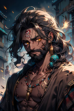 giant, muscular, ugly face, curly hair, black skin, Indian, tribal clothing, Mayan clothing, bone necklace.,dark skin,tan, man, masculine,  thick, golden eyes, yellow eyes, vagabond, unfortunate, long dirty beard, skinny, malnourished, haggard face, crazy



