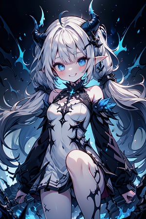 white hair, deep blue eyes, aura of dark power, the primordial of the underworld, goddess of flames, sadistic, pointed ears, white dress with blue edges, right hand of lucifer, primal goddess, masterpiece, very good quality, excellent quality , perfect face, small breasts, evil smile, egocentric, eyes with blue flames, horns, long sleeve, miniskirt, gothic, two pigtails, emanates the power of destruction, loli, small woman

