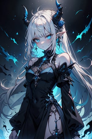 white hair, deep blue eyes, aura of dark power, the most powerful being in the world, queen of darkness, lost look, pointed ears, black dress with blue edges, killer of gods, the one who killed Lucifer, incarnation of the gods dragons, masterpiece, very good quality, excellent quality, perfect face, small breasts, serious face, dazed, calm, kuudere, eyes with blue flames, looking down, as if on top of the world, horns, fake goddess, bare shoulders, long skirt, gothic, Mullet Bangs, staring, sad expression, blue roses in her hair and her dress,emanates the power of chaos within her.

