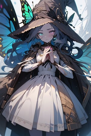 four arms, star fairy, wise look, blue dress, gray skin, time witch, wise, long hair,masterpiece, detailed, high quality, absurdres,purple eyes, green hair, four arms, 4 arms,  1 girl, seer,  no facial expressions, heterochromia, fairy wings with butterfly patterns resembling eyes, omnipresent, omniscient,blue hat with brown decoration of butterflies and stars,cracks in her face, puppet body, not human body, doll body, fake face.,More Detail